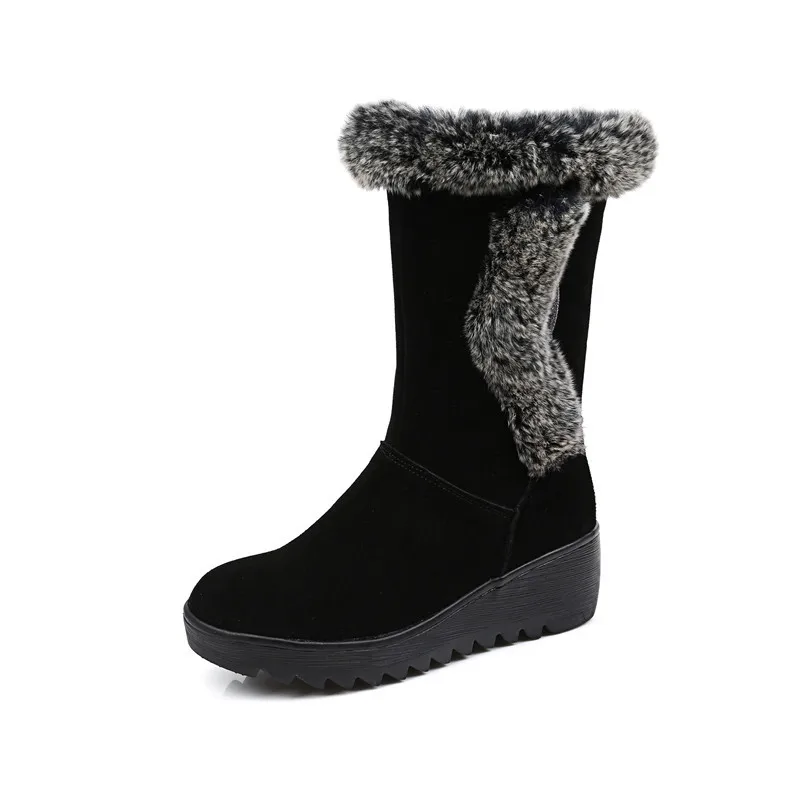 New Rabbit Fur Decoration Scrub Cowhide Leather Boots In-bube Boots Women Shoes Boots Warm Shoes Flat Wedges Non-slip Snow Boots