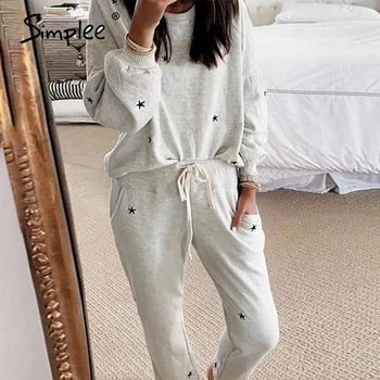

Simplee 2 Peice Set Women Elegant Pant Sets Female Casual Outfits Jogger Two Piece Set Korean Sports Suit Black Cotton Tracksuit