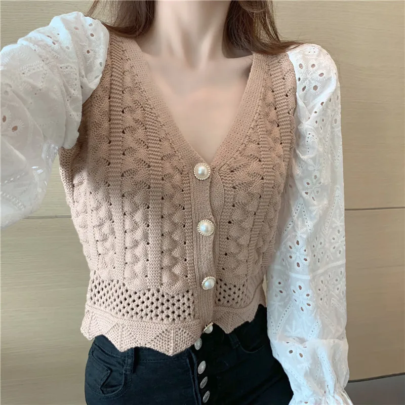 

2020 Autumn New Style Korean-style Versatile Loose Fashion Sense of Design V-neck Sleeve Joint Sweater Tops WOMEN'S Dress