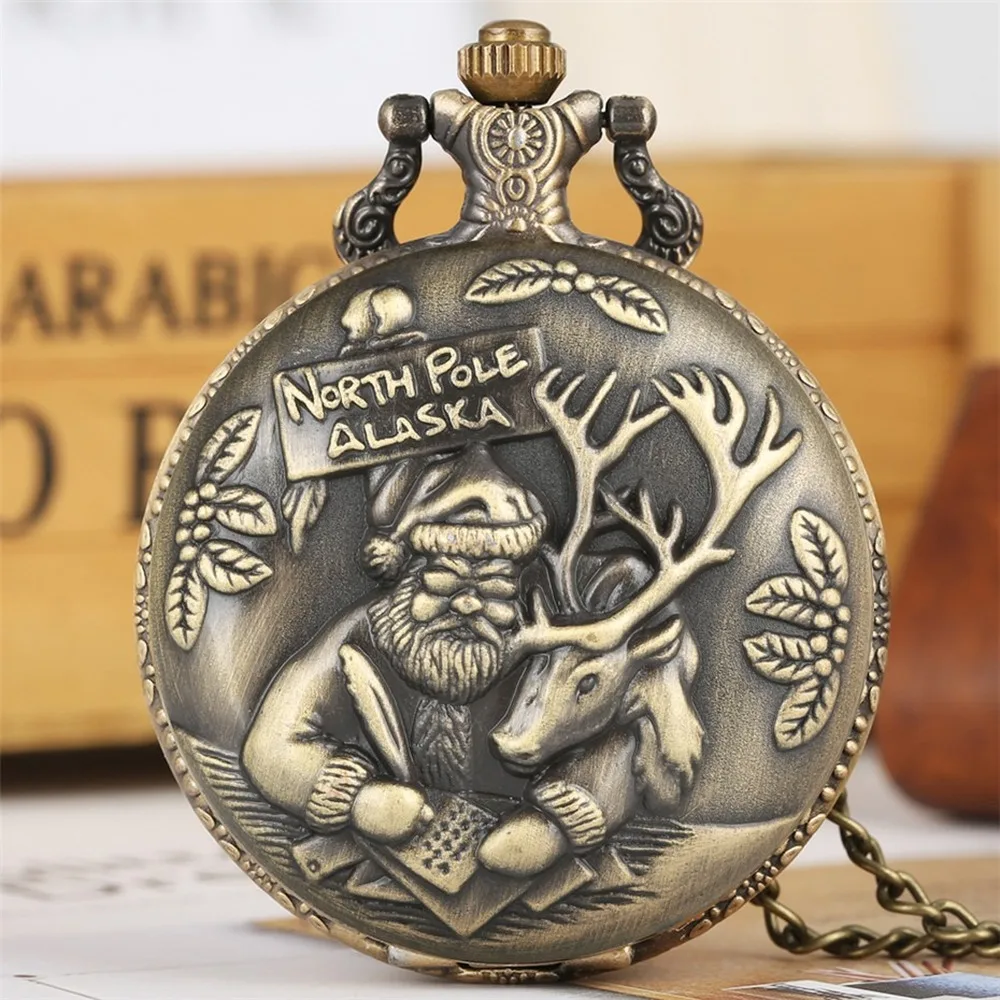 Винтажные бронзовые рождественские карманные часы Санта Клауса, Детские Кварцевые часы с подвеской и ожерельем для мужчин и женщин