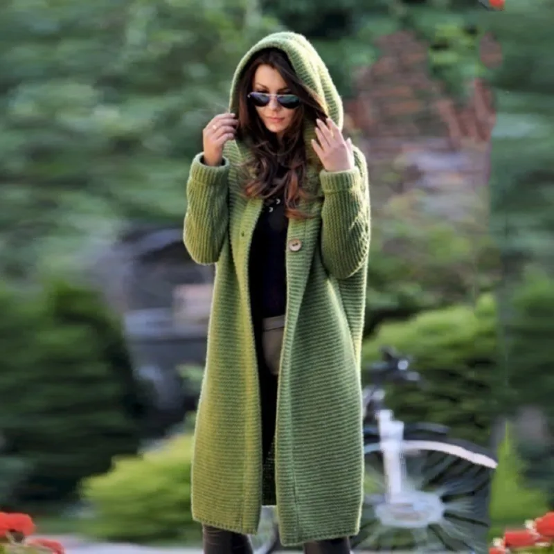 Кардиган однотонный длинный с капюшоном свитер пальто женский Осень Зима Женский Повседневный вязаный длинный свитер пальто плюс размер S-5XL