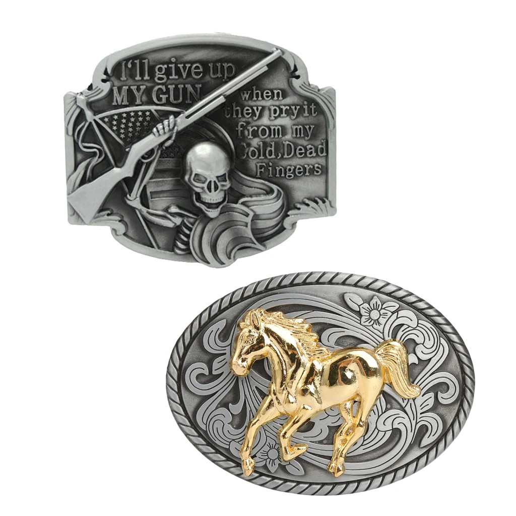 2Pcs Men's Belt Replacement Buckles - Vintage Hip Hop Belt Buckle Western Fits for Jeans Belt Trouser Belt - Skull & Horse