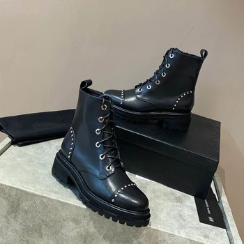 

Women Ankle Boots Genuine Suded Leather Autumn Winter Martin Boots Runway Lace UpRivets Boots Party Dress Shoes Combat Boots 40