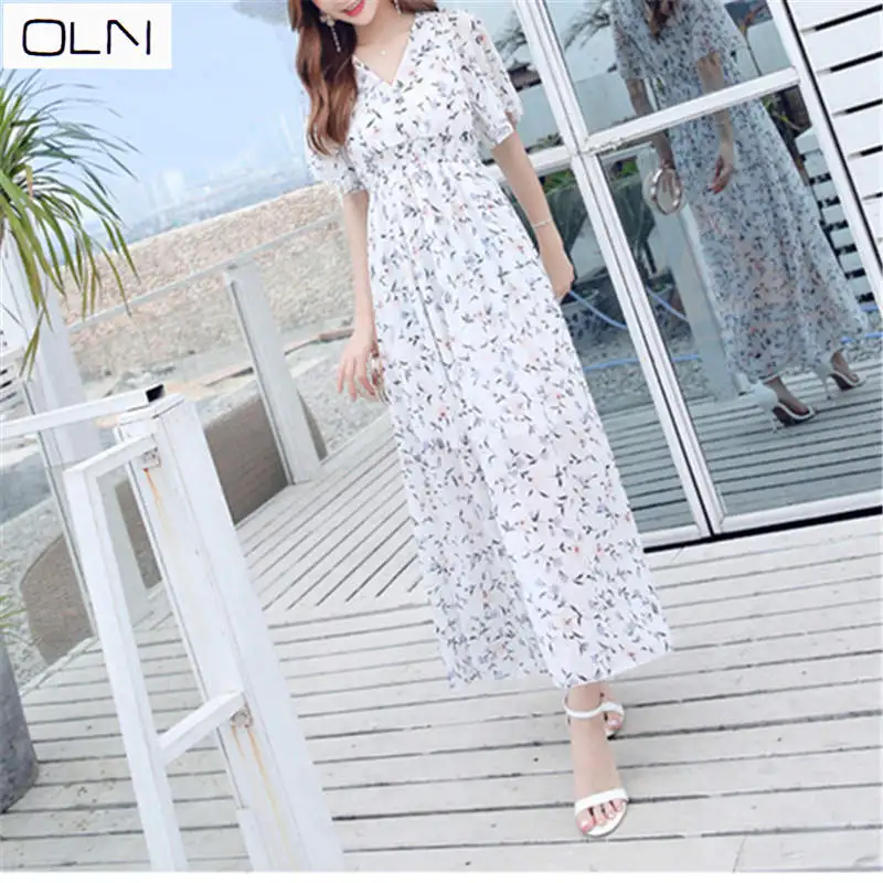 Платье oln в Корейском стиле; vestidos; Новинка; сезон лето; ; пляжное платье до середины икры; праздничное богемное платье с цветочным рисунком; шифоновое платье - Цвет: Белый