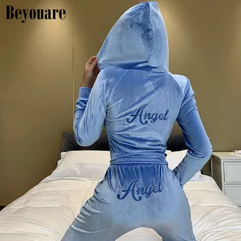 

Beyouare women two piece tracksuit winter velvet casual letter embroidery Angel hoodies elegant full sleeve hooded 2 piece set