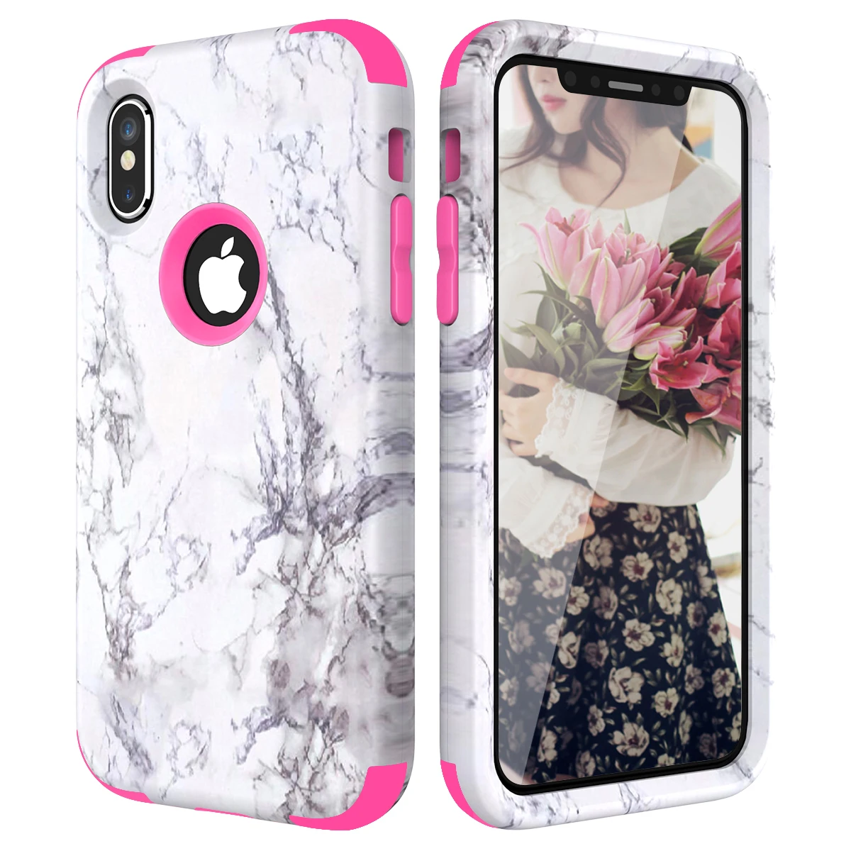 Мраморный бампер чехол для iPhone 11 pro Max 7 8 6 Plus жесткий защитный чехол силиконовый чехол для iPhone X Xs Max Xr 360 чехол милый Единорог 3 в 1 - Цвет: Розовый