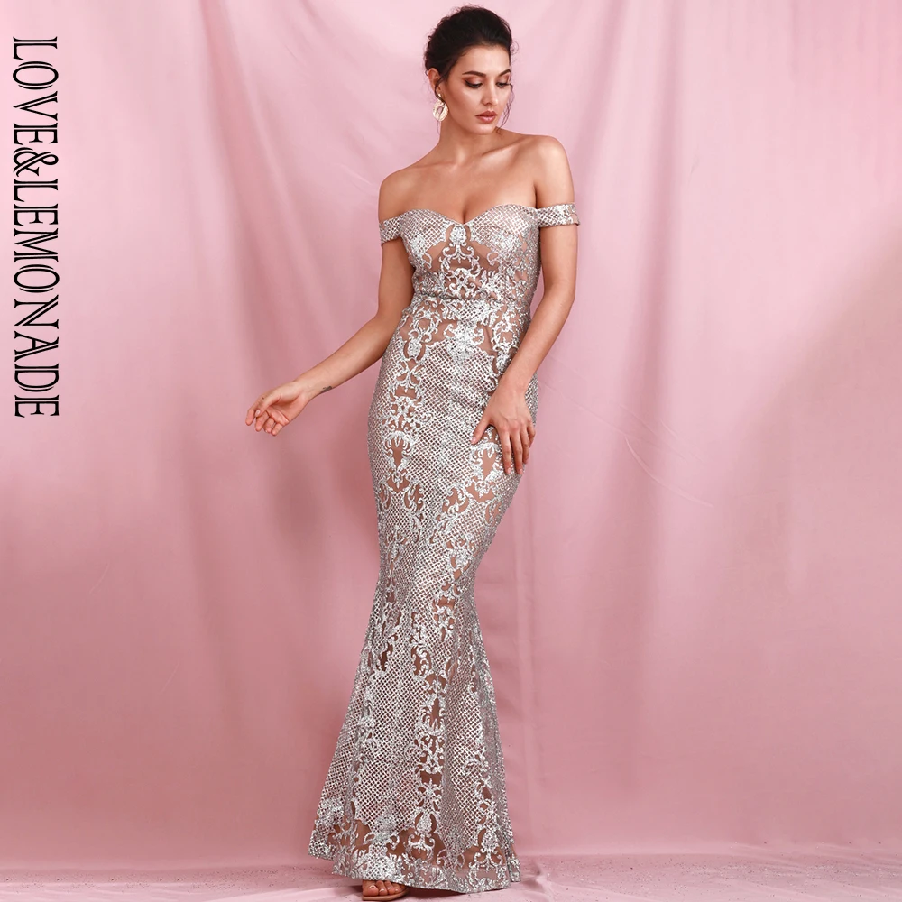LOVE& LEMONADE Сексуальное Серебряное без бретелек облегающее геометрическое блестящее платье макси LM81343-1