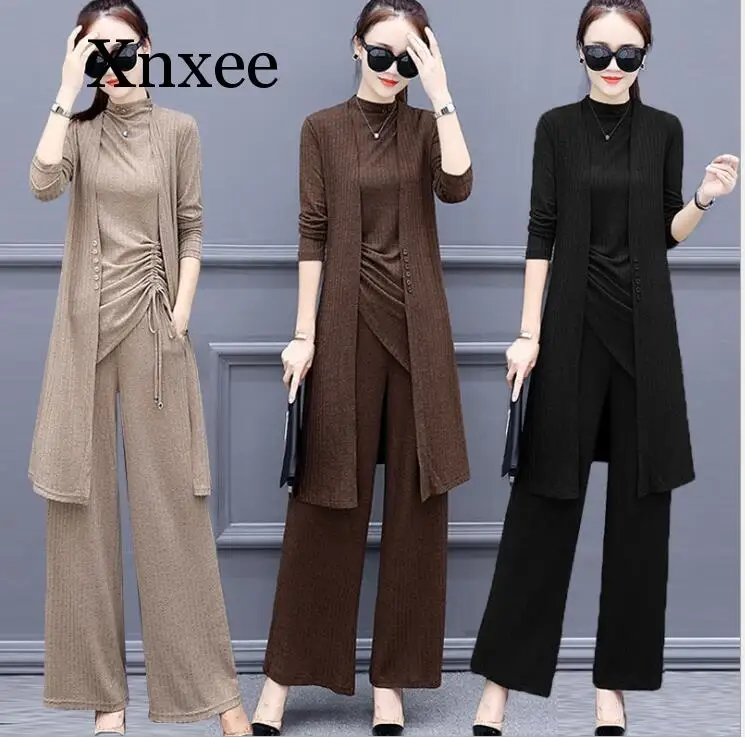 Knitted 3 Pieces Set Women Tracksuit Long Sleeve Cardigan Pullover Tops  Wide Leg Pants Suit Women's Sets Brown Office Elegant