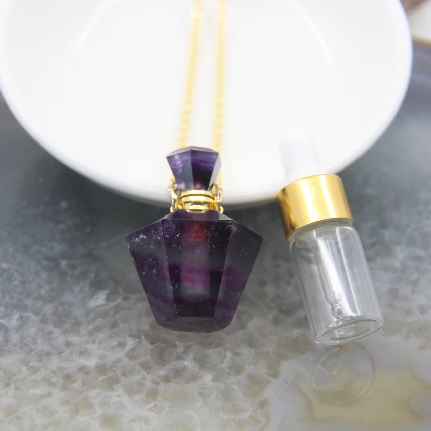 Classic Rainbow Fluorite Perfume Bottle Pendant Necklace,Personalized Faceted Natural Fluorite Essential Oil Diffuser Charms