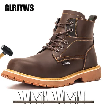 

2020 Men Fashion High Top Steel Toe Safety Shoes Crazy Horse Hide Construction Martin Boots Anti-piercing Protection Work Shoes