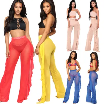 

Summer Women Beach Mesh Sheer Bikini Cover Up Ruffles Swim pants Swimwear Bathing Suit Pant Trousers Plus Size XXL