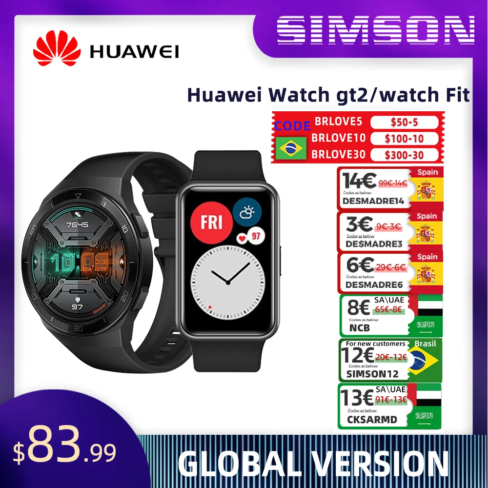 HUAWEI Watch gt2/watch fit Global Version Smart Watch 1.39'' AMOLED Screen 14 Days Life 5ATM Waterproof Heart Rate Tracker