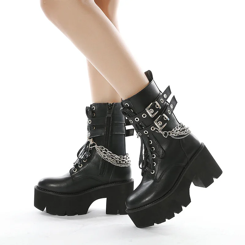Botas negras góticas de cuero de alta calidad para mujer, botines de plataforma con tacón grueso y cadena Sexy, botines estilo Punk cremallera|Botas hasta el tobillo| - AliExpress