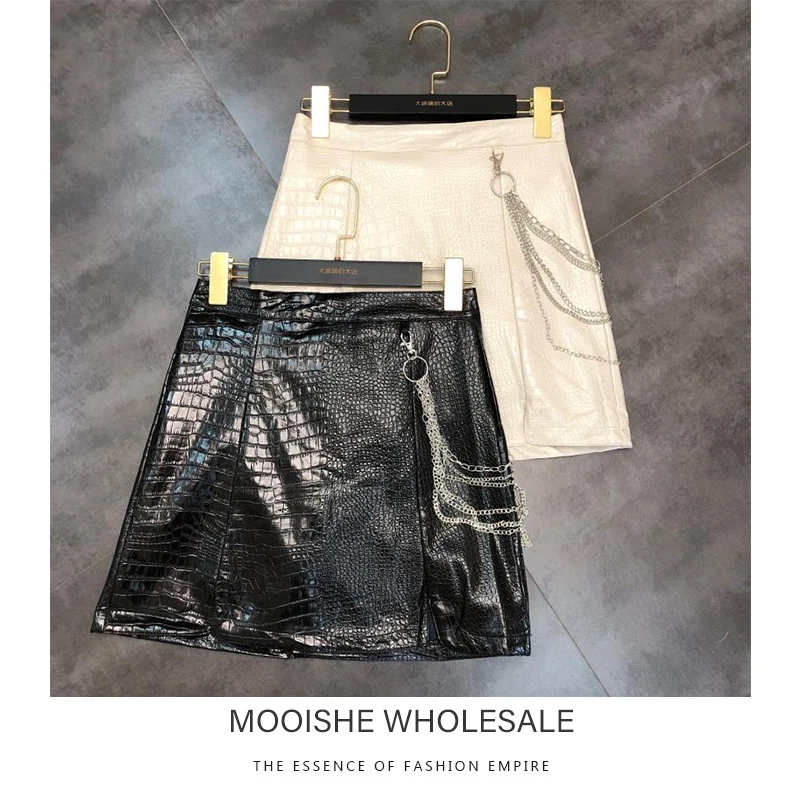 

2019 Autumn New Metal Chain Skirt Imitation Crocodile Skin Texture Leather Hip Skirt Female