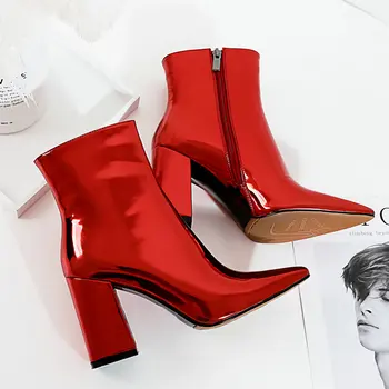 

Autumn Winter Ankle Boots Pointed Toe Women Shoes Patent Leather Square High Heel Fashion Woman Boots Zipper Shoes