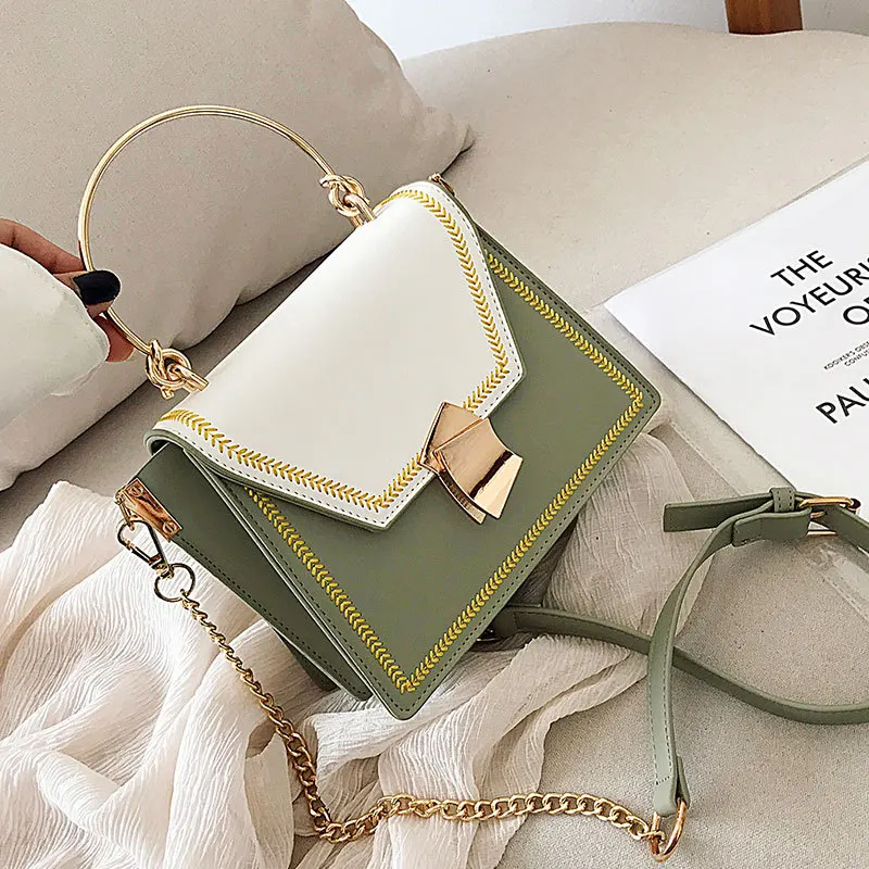 

Chic Contrast Color Shoulder Bags Women Simple Chain Messenger Bags Ladies Metal Handle Embroidery Handbag Lock Crossbody Bag