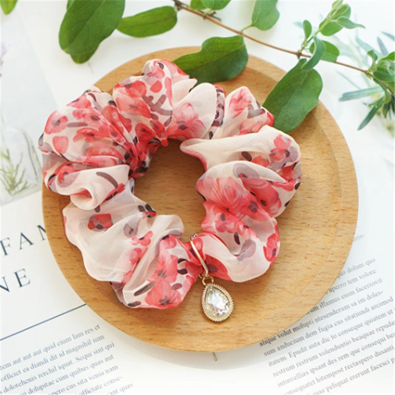 

Chiffon Floral Fabric Scrunchie Crystal Hair Ring Women Girls Elastic Hair Rubber Bands Hair Ring Rope Ponytail Holder Accessor