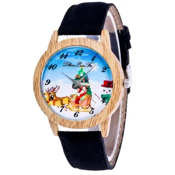 

GENBOLI Quartz Watch Xmas Santa Claus Reindeer Background Cowboy Cloth Leather Strap Wooden Round Dial Watches