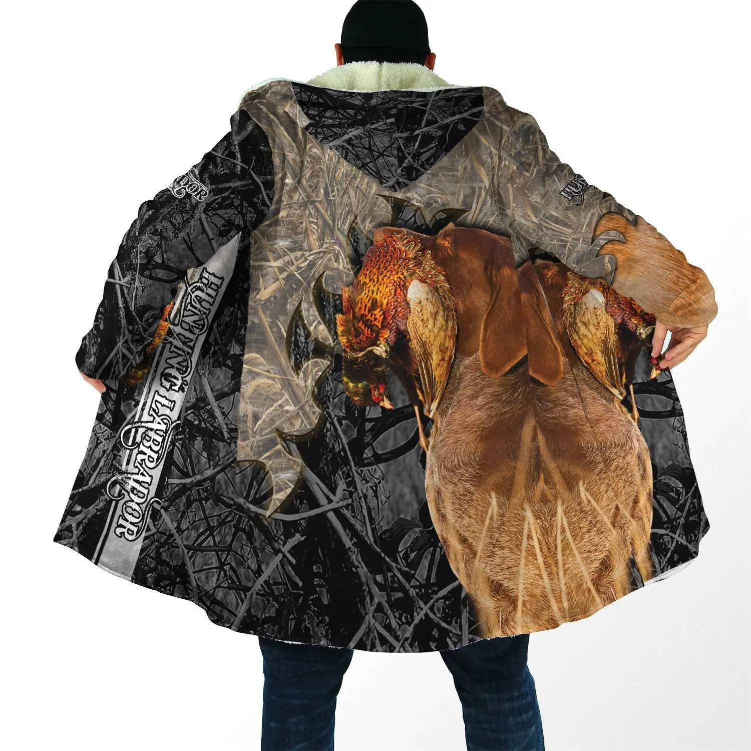 

2021 Winter Fashion Mens cloak Labrador/Pheasant Hunting 3D Printing Thick Fleece Hood cloak Unisex Casual Warm Cape coat DP10