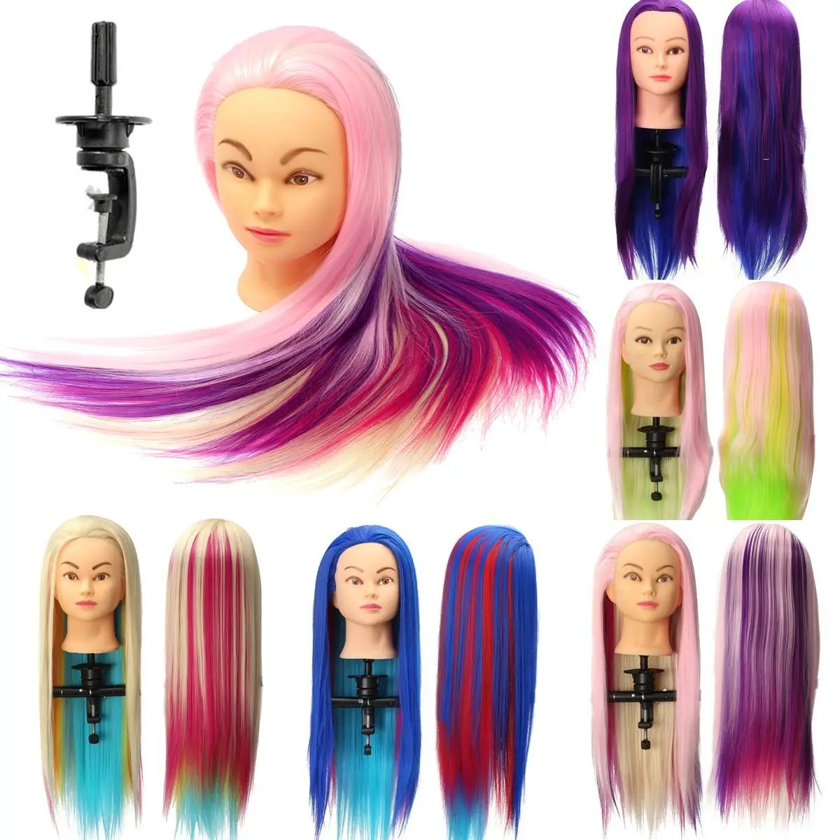 26" Colorful Manikin Rainbow Dolls Head With 65cm Colorful Fiber Long Hair Hairdressing