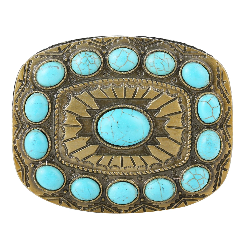 Vintage Cowboy Turquoise Bead Belt Buckle Women Blue Classic Boho Bronze Tone Buckles Point Square Buckle For 1.4-1.5inch belt