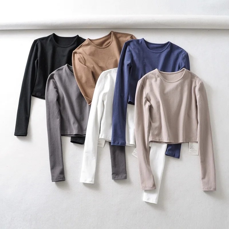 

Fashion New European and American n paragraphs with round collar short thin solid color joker long sleeve T-shirt