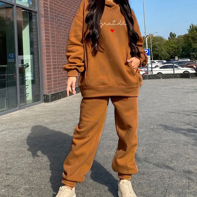 Two Piece Set Casual Fleece Tracksuit Women Winter 2021 Women's Sets Oversized Hooded Long Sleeve Hoodie Sport Pants Lady Suit 05 Camel Print