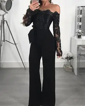 

Ninimour 2020 Lace Patchwork Jumpsuit Women Sexy Off Shoulder Slash Neck Long Sleeve Women Jumpsuit Elegant Wide Leg Jumpsuit