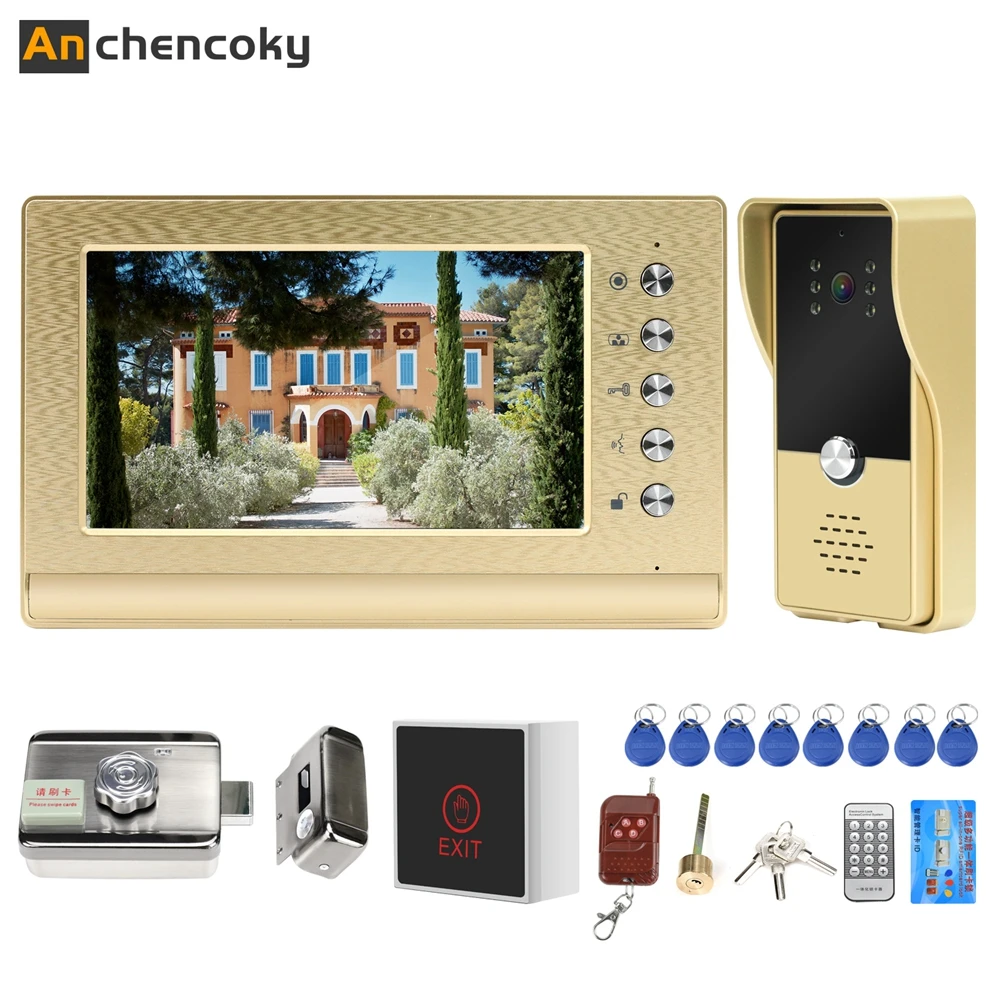 Sistema de videoportero con cerradura y timbre para el hogar, Kit de videoportero de 7 pulgadas con timbre y cable HD de 1000TVL