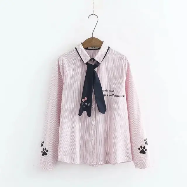 Mori girl Женская маленькая свежая полосатая футболка с длинными рукавами и вышивкой котенка 30834