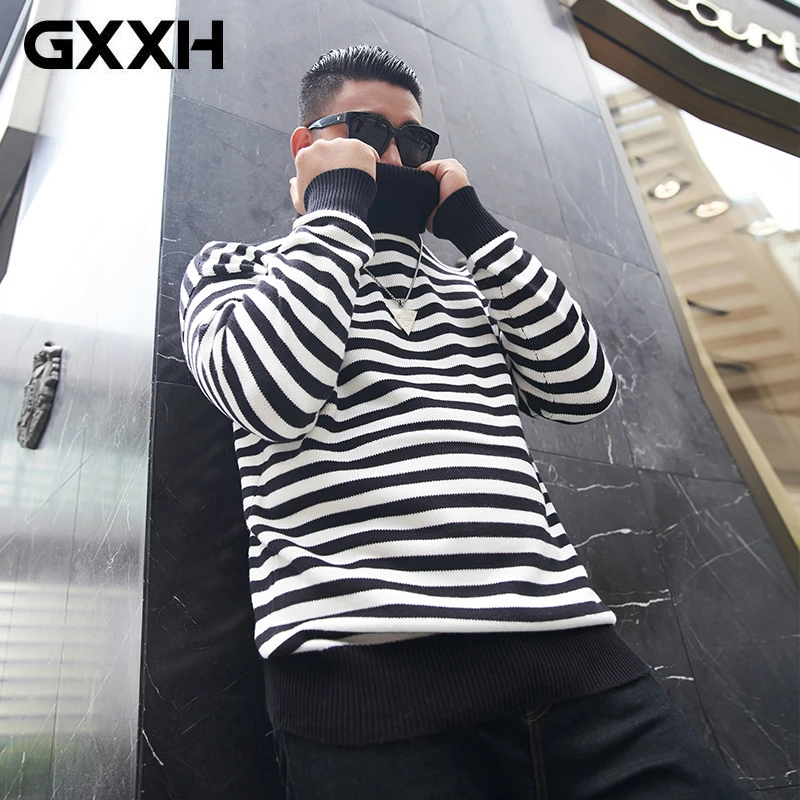 GXXH осень-зима модная брендовая одежда мужской вязаный свитер в полоску Свободный крой пуловер для мужчин хлопок с круглым вырезом свитера для мужчин