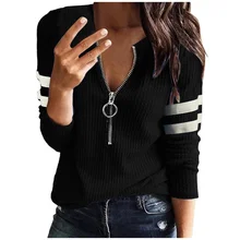 

Women's Long Sleeve Zipper Knitted Loose Fitting Thermal Tunic Tops 2021 V-Neck T-shirts Female Striped Sleeve Sweaters Pullover
