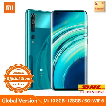 Перейти на Алиэкспресс и купить Глобальная версия Xiaomi Mi 10 5G SA/NSA Qualcomm 865 8 ГБ 128 ГБ / 256 ГБ смартфон WiFi 6 LPDDR5 UFS 3.0 108MP Pro Камера 8K Видеозапись NFC Google Pay AMOLED Дисплей