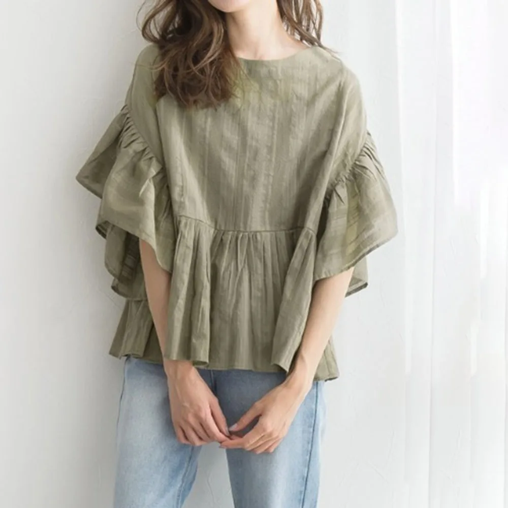 

2020 Women Tops Autumn New Casual All-match Retro Harajuku Style Lotus Leaf Sleeve Round Neck Shirt Loose Pullover Hot Blouses