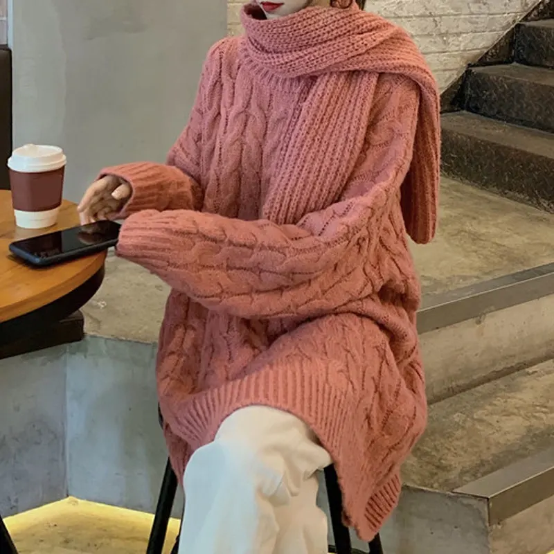 pink sweater women RealShe, длинный женский свитер, круглый вырез, длинный рукав, Однотонный свитер для женщин, пуловер с шарфом, весенние повседневные теплые свитера для девушек - Цвет: pink sweater women