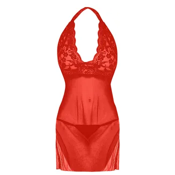 

transparan gecelik Nightdress Women Sling Lace Flower Lingerie Set Sexy Halter Backless Nightdress Underwear Set Pijama Mujer