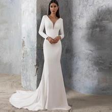 

Simple Long Sleeves Mermaid Wedding Dress For Women Satin Elegant V-Neck Beading Open Back Sweep Train Bridal Gown Custom Made