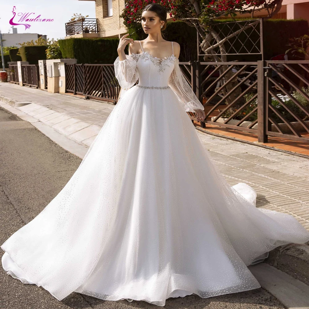 

Waulizane Sparkly Glitter A Line Wedding Dress Spaghetti Strap Sweetheart Neckline Of Luxury Bridal Dress
