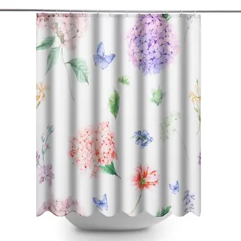 

180*150CM Polyester Waterproof Bathroom Decor Shower Curtain Hooks Spring Flower