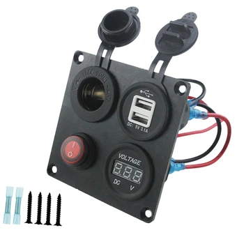 

4 Hole Panel Dual Port USB Charger Red LED Voltmeter Meter Button Switch 12V-24V Power Outlet