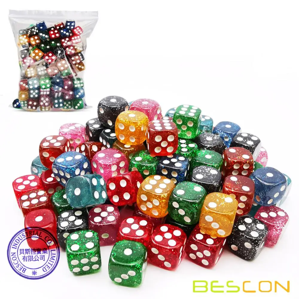 Bescon " A Lot of Glitter" 16MM D6 Set 100pcs, Assorted Colored Glitter Dice Set 100pcs
