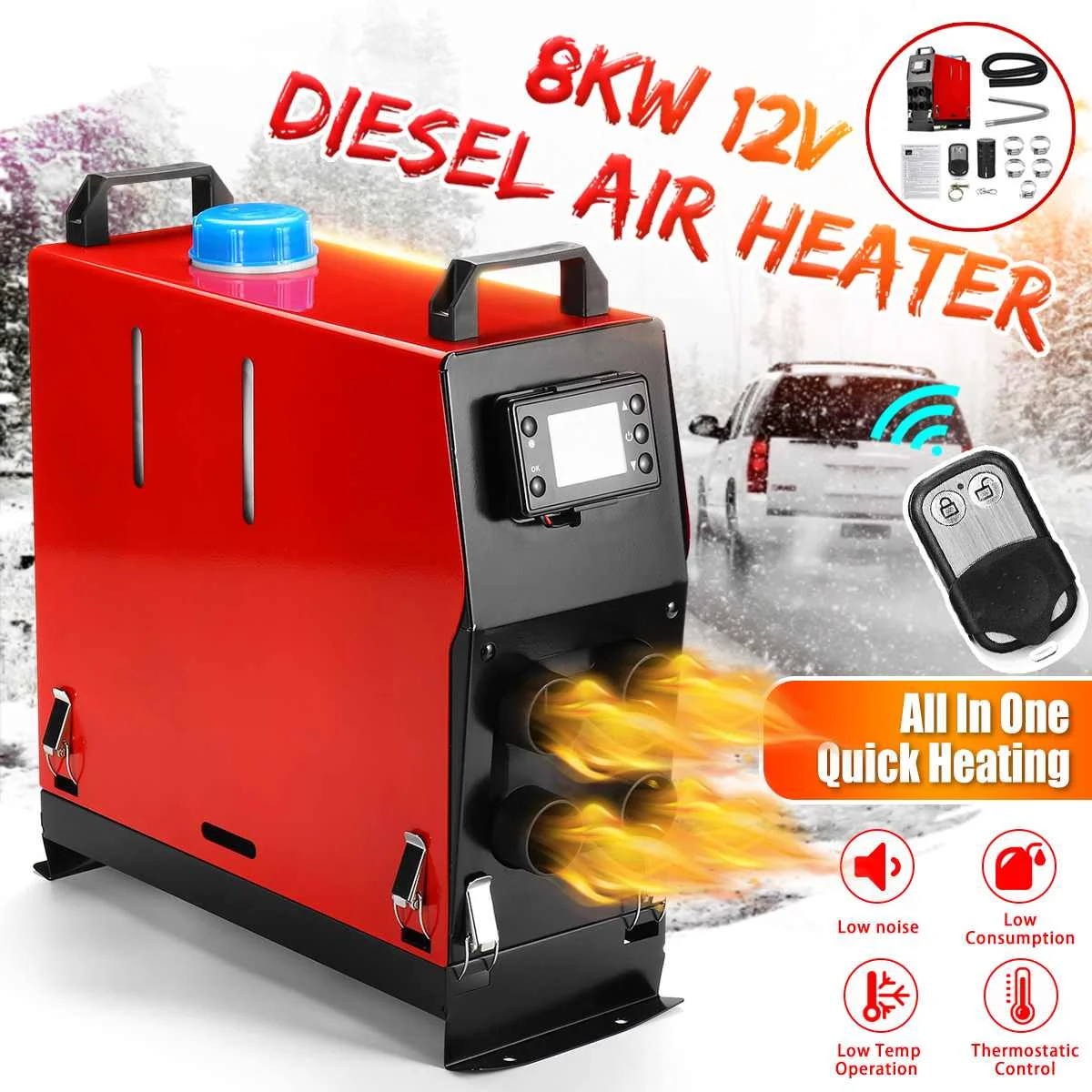 Online Todo en uno 12V 8000W calentador de aire diésel 4 agujeros calentador de coche para camión autocaravana barco Bus + LCD interruptor Monitor control remoto