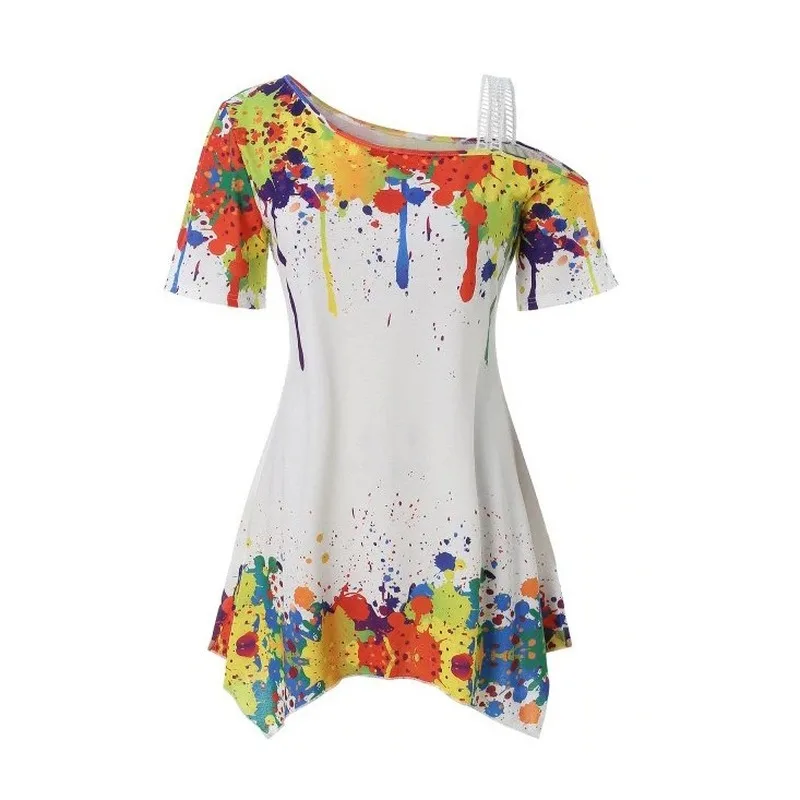 

2020 Fashionable Loose Dress Lady Short Sleeve Strapless Color Inkjet Print Irregular Hem Retro Print Elegant Female OL Dresses