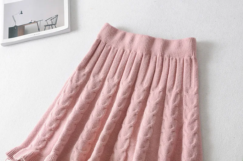 Зимняя розовая, черная, бежевая, хаки Гибкая эластичная мини-юбка с высокой талией и оборками, теплая, теплая, вязаная юбка для женщин, юбки saias