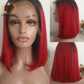 

Topnormantic 16" Lace Front Human Hair Wig Ombre Red Short Bob Wig Straight Bobs Indian Remy Hair Wigs With Pre Plucked Hairline