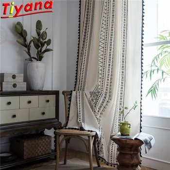 

Bohemian Geometric Cotton and Linen Curtains for Living Room Modern Tassels Curtains Semi-blackout White Window Drapes *VT