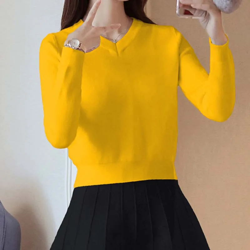 

2020 Autumn Winter Women Fashion Korean Casual Sweater Solid Color V-neck Pullover Office Lady Elegant Long Sleeve Slim Sweaters
