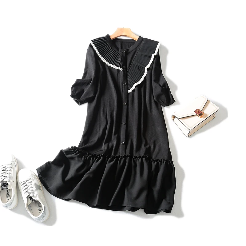 2019 Lotus Leaf Collar Knitted High-elastic Korean Version Hem Pinch Pleated Youthful Sleeves Covered Meat Dress Female Tide | Женская