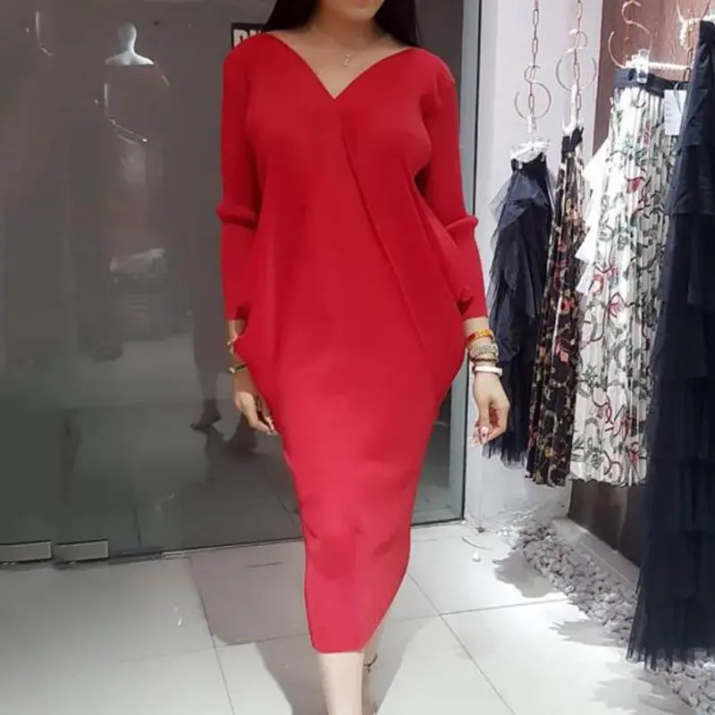 

V-Neck Solid Pencil Slim Dress Women Autumn 2019 Office Lady Elegant Bodycon Basics Plus Size Retro Party Long Dresses 6 Colors