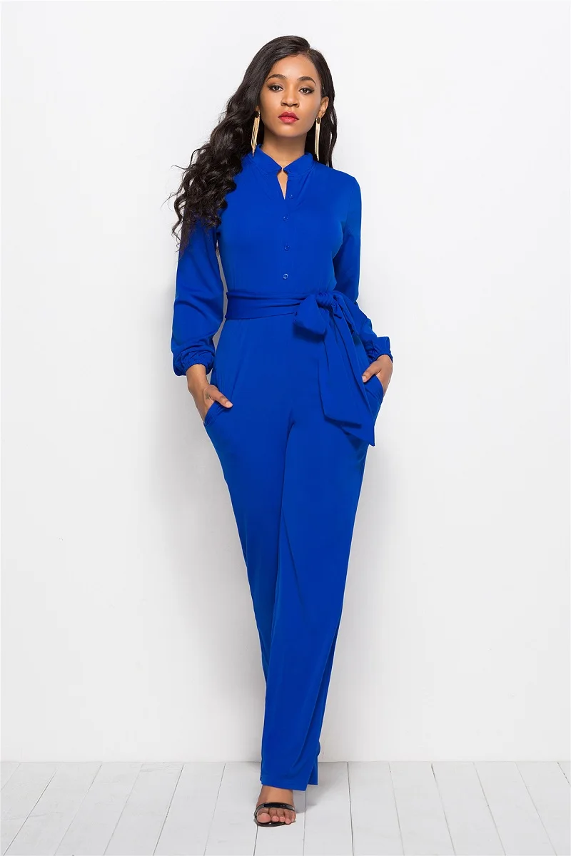 

Lady Office Autumn Button Jumpsuit Women Stand Collar Long Sleeves Front Self Belted Highstreet Maxi Pocket Pants Jumpsuits